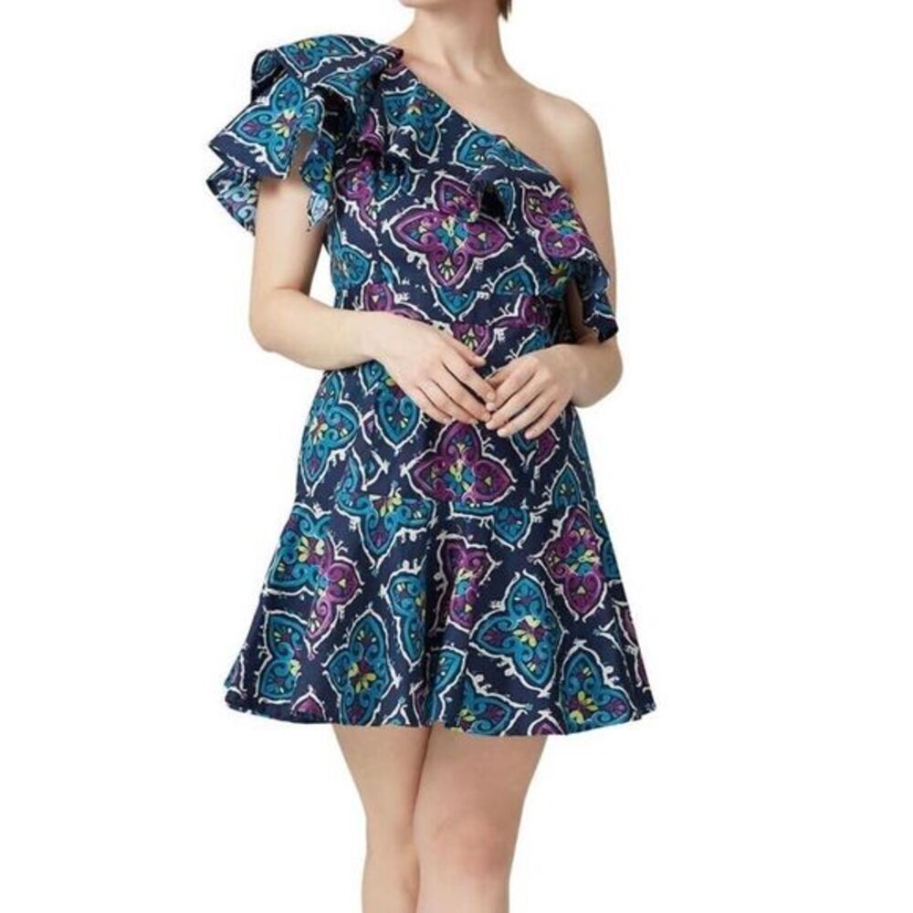 Josie Natori Festive Blue Floral Printed One shoulder ruffle dress Size 6